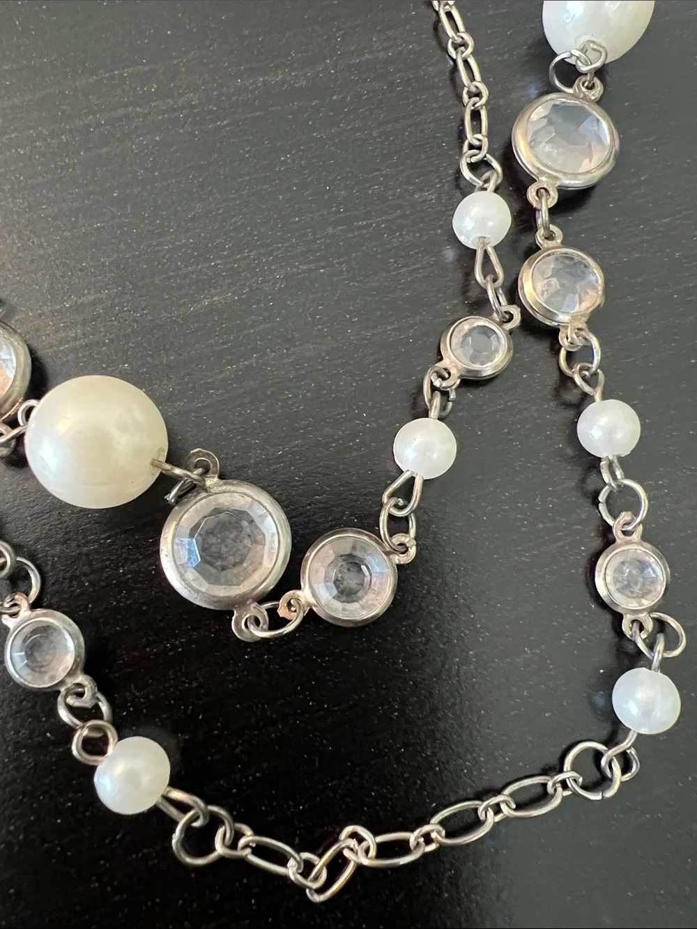 Long Silver tone necklace with Pearl and crystal accents